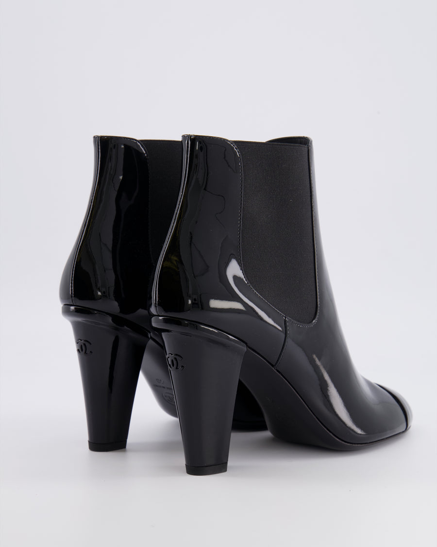 Chanel Black Patent Leather Heeled Ankle Boots with Black CC Logo Detail Size EU 40