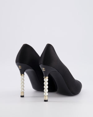 Chanel Black Satin Pointed Heeled Pumps with Canvas Toe Cap and Pearl Embellished Heel with Champagne Gold CC Logo Detail Size EU 39