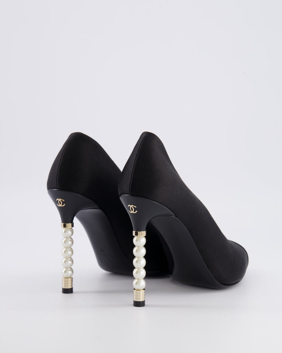 Chanel Black Satin Pointed Heeled Pumps with Canvas Toe Cap and Pearl Embellished Heel with Champagne Gold CC Logo Detail Size EU 39