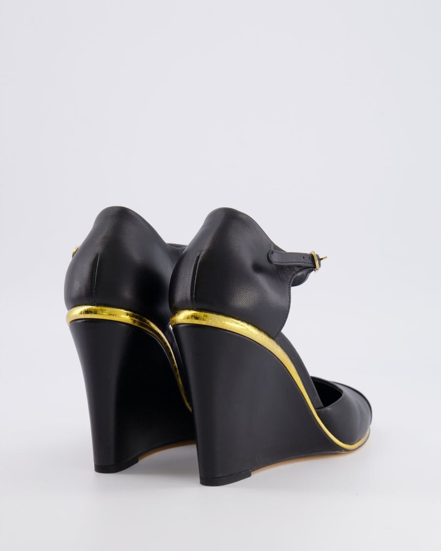 Chanel Black Leather Wedge Heels with CC Logo Detail and Gold Detailing Size EU 39