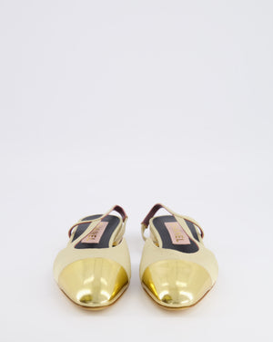 Chanel Beige Canvas Slingback with Gold Patent Leather Toe Cap and Gold CC Logo Size EU 39