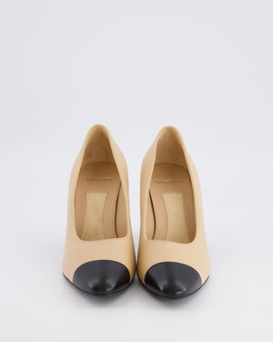 Chanel Beige Heeled Pumps with Black Toe Cap and Champagne Gold Logo with Pearl Detail Size EU 38.5