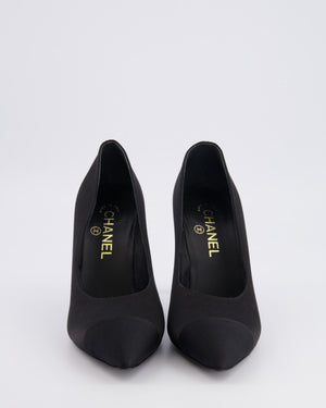 Chanel Black Satin Pointed Heeled Pumps with Canvas Toe Cap and Pearl Embellished Heel with Champagne Gold CC Logo Detail Size EU 39