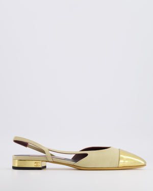 Chanel Beige Canvas Slingback with Gold Patent Leather Toe Cap and Gold CC Logo Size EU 39