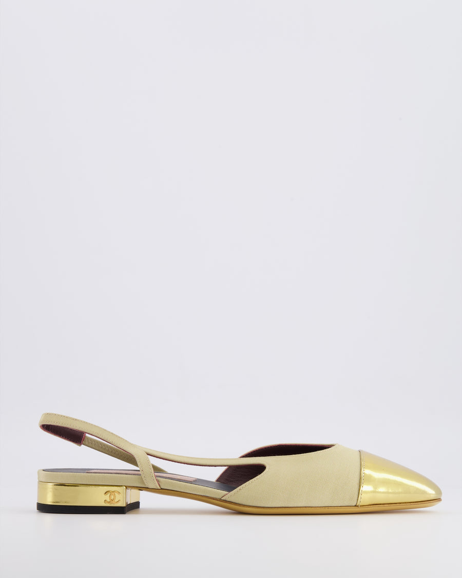 Chanel Beige Canvas Slingback with Gold Patent Leather Toe Cap and Gold CC Logo Size EU 39
