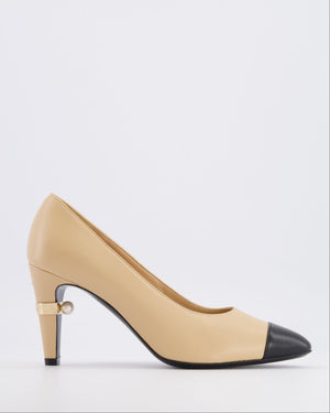 Chanel Beige Heeled Pumps with Black Toe Cap and Champagne Gold Logo with Pearl Detail Size EU 38.5