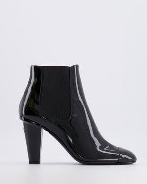 Chanel Black Patent Leather Heeled Ankle Boots with Black CC Logo Detail Size EU 40