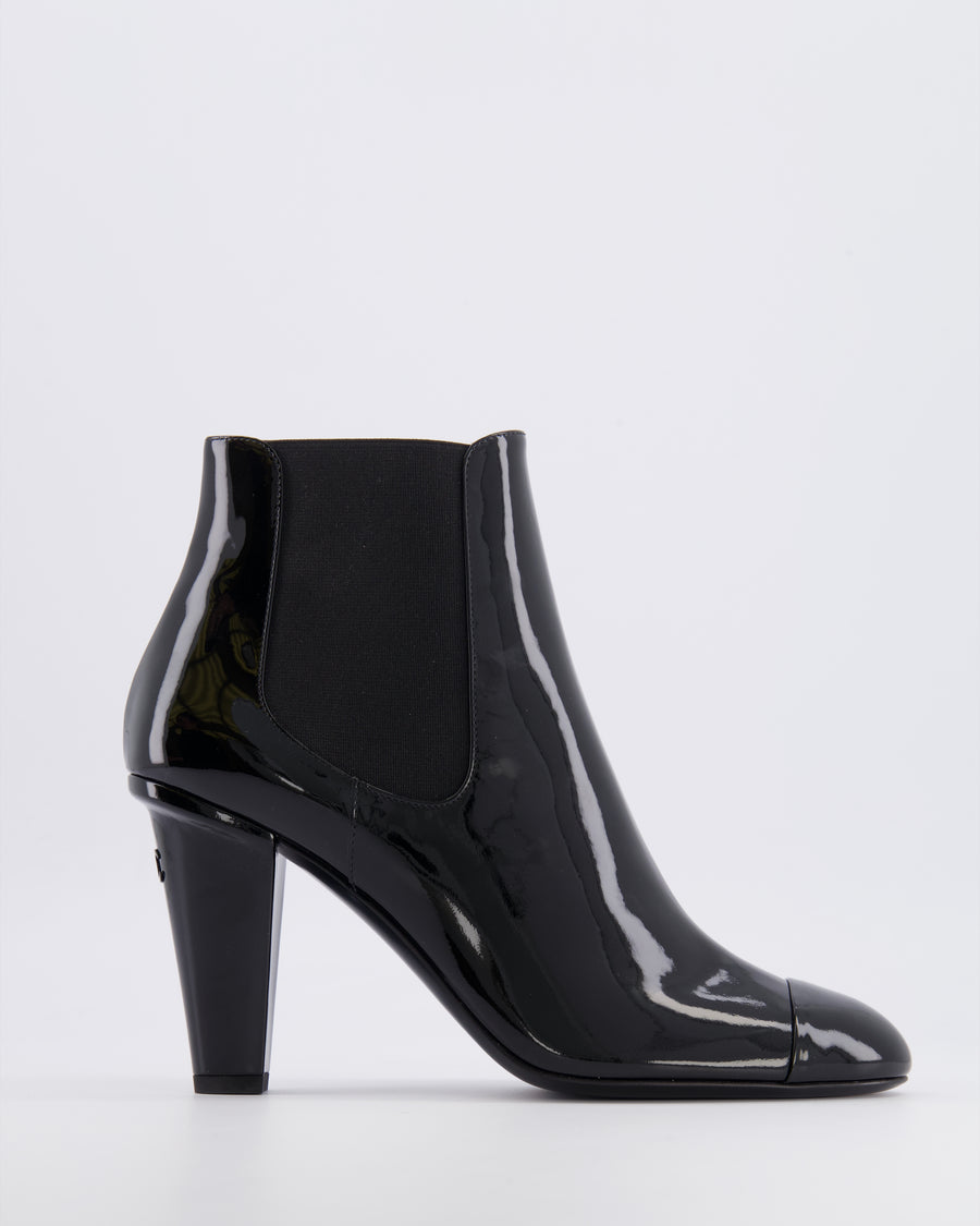 Chanel Black Patent Leather Heeled Ankle Boots with Black CC Logo Detail Size EU 40