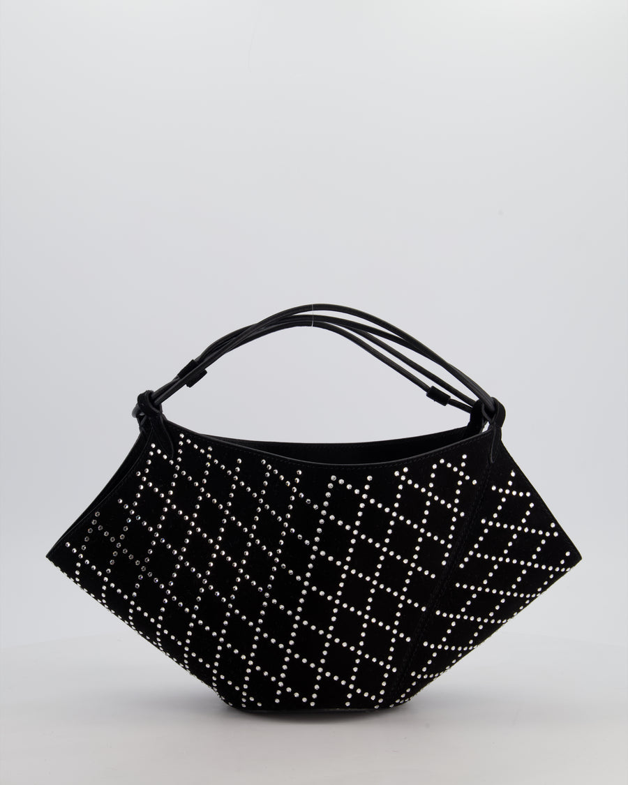 Khaite Black Suede Lotus Hobo Mini Bag with Crystal Embellishments