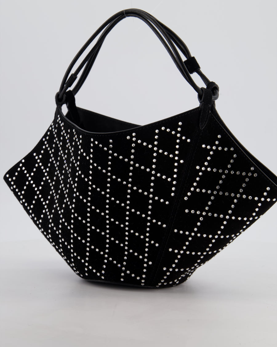 Khaite Black Suede Lotus Hobo Mini Bag with Crystal Embellishments