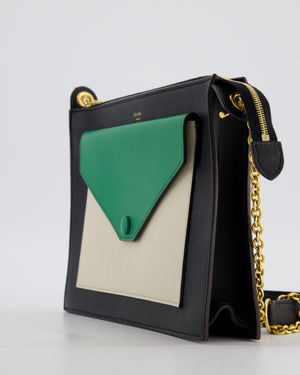 Celine Black, White, and Green Tricolour Leather Pocket Envelope Zip Crossbody Bag with Gold Hardware