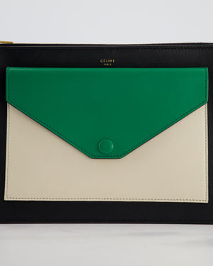 Celine Black, White, and Green Tricolour Leather Pocket Envelope Zip Crossbody Bag with Gold Hardware