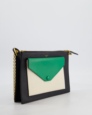 Celine Black, White, and Green Tricolour Leather Pocket Envelope Zip Crossbody Bag with Gold Hardware