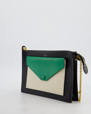 Celine Black, White, and Green Tricolour Leather Pocket Envelope Zip Crossbody Bag with Gold Hardware