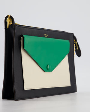 Celine Black, White, and Green Tricolour Leather Pocket Envelope Zip Crossbody Bag with Gold Hardware