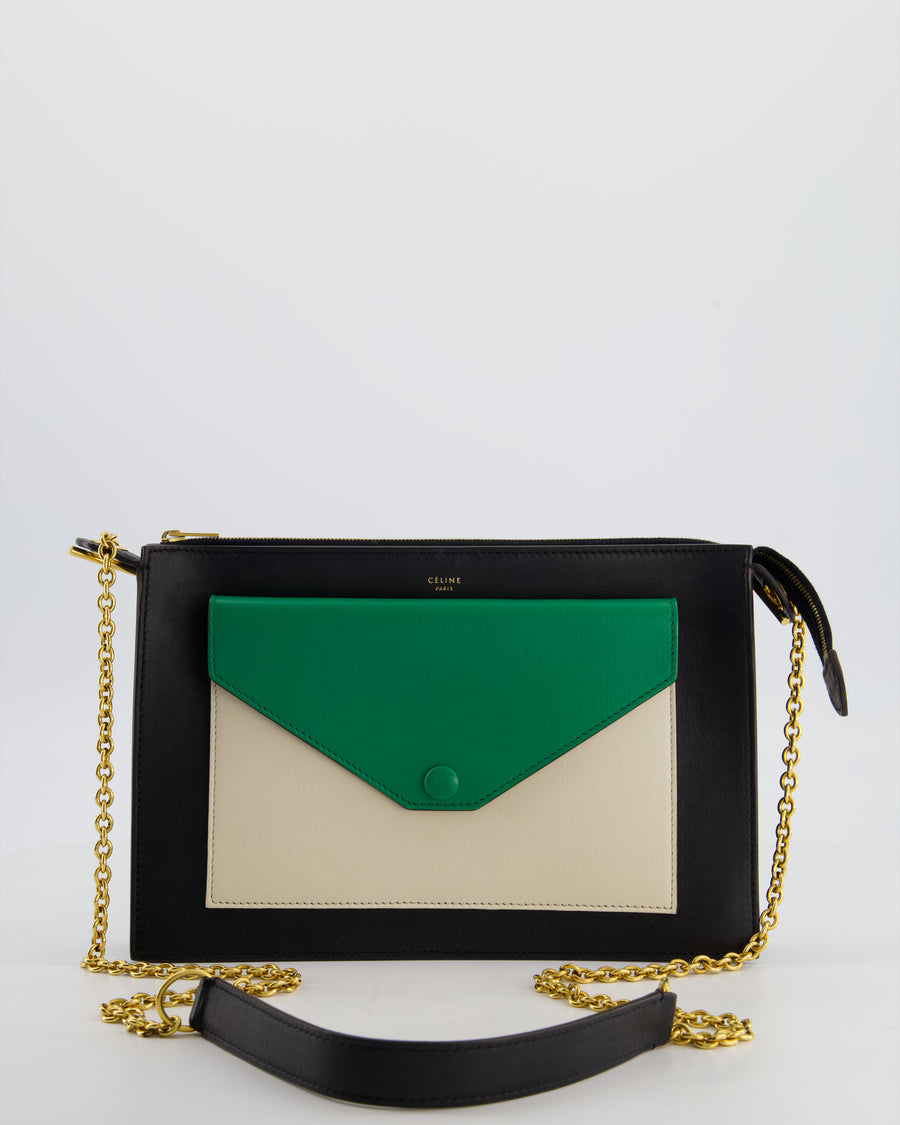 Celine Black, White, and Green Tricolour Leather Pocket Envelope Zip Crossbody Bag with Gold Hardware