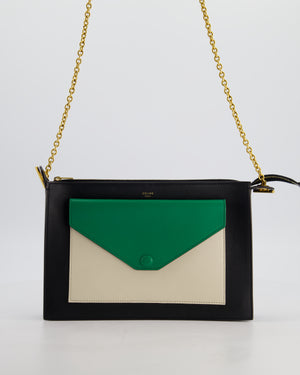 Celine Black, White, and Green Tricolour Leather Pocket Envelope Zip Crossbody Bag with Gold Hardware