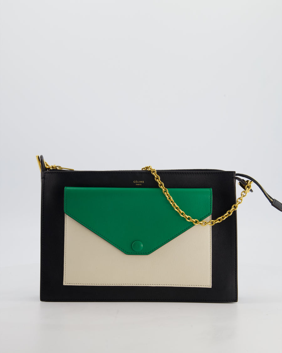 Celine Black, White, and Green Tricolour Leather Pocket Envelope Zip Crossbody Bag with Gold Hardware