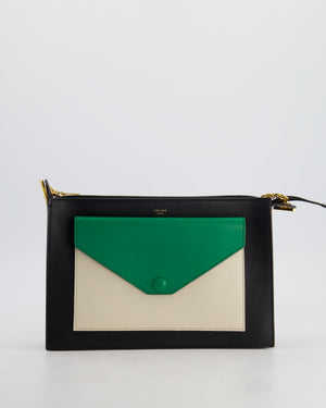 Celine Black, White, and Green Tricolour Leather Pocket Envelope Zip Crossbody Bag with Gold Hardware