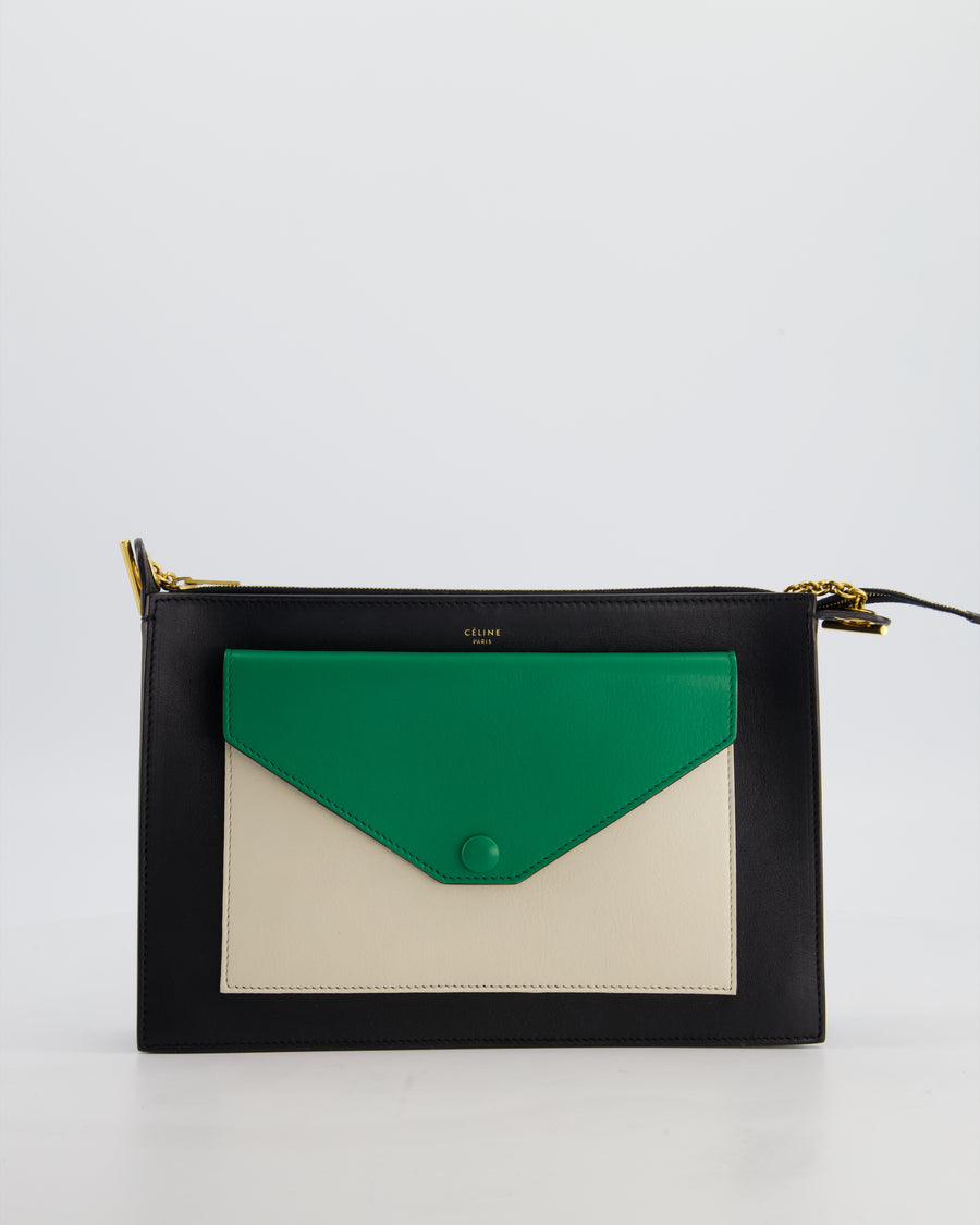 Celine Black, White, and Green Tricolour Leather Pocket Envelope Zip Crossbody Bag with Gold Hardware