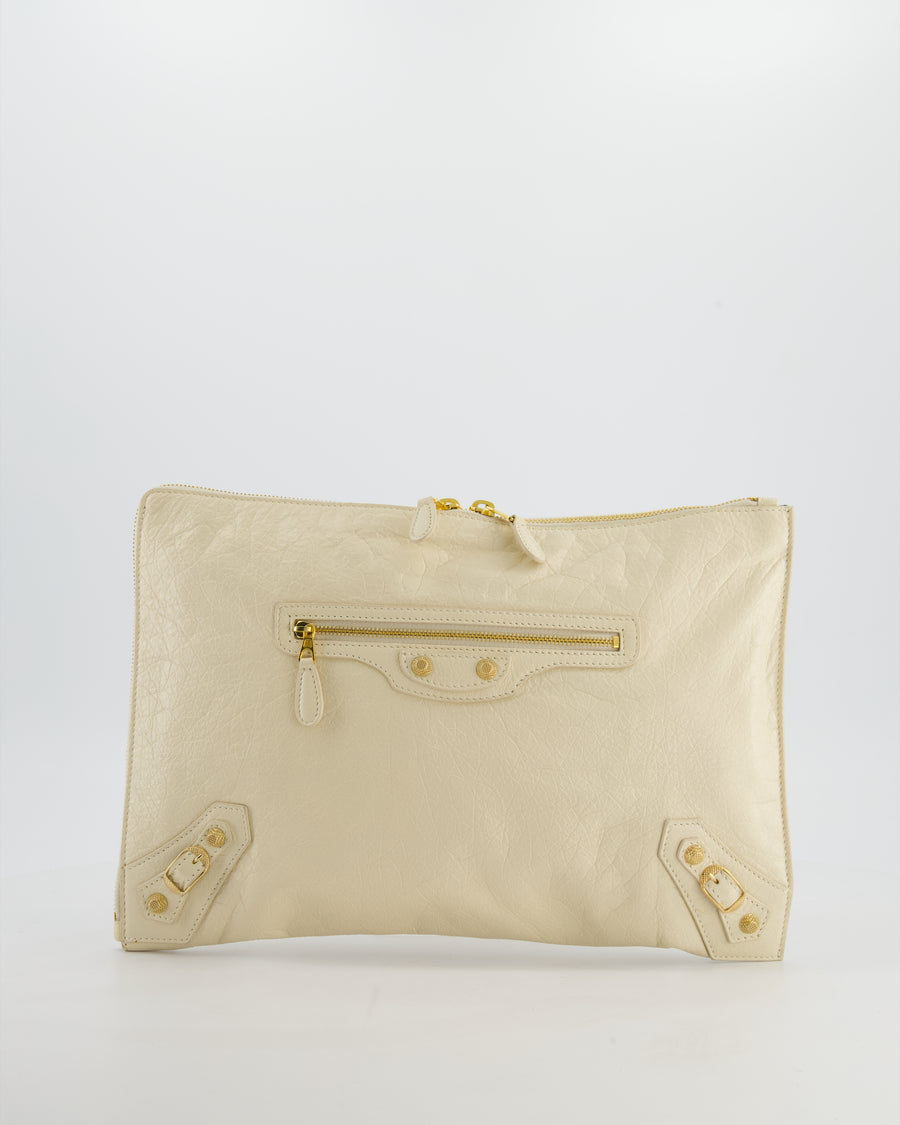 Balenciaga Cream Motocross Metallic Edge Clutch with Gold Hardware