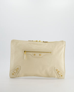 Balenciaga Cream Motocross Metallic Edge Clutch with Gold Hardware