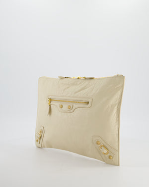 Balenciaga Cream Motocross Metallic Edge Clutch with Gold Hardware
