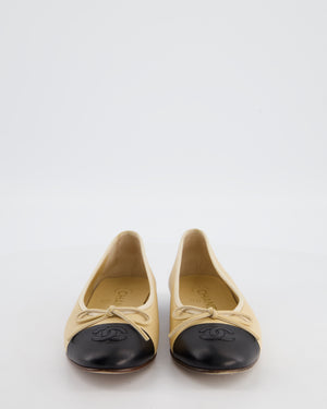 Chanel Beige Ballerina Flats with Black CC Logo Toe Cap Size EU 35.5C