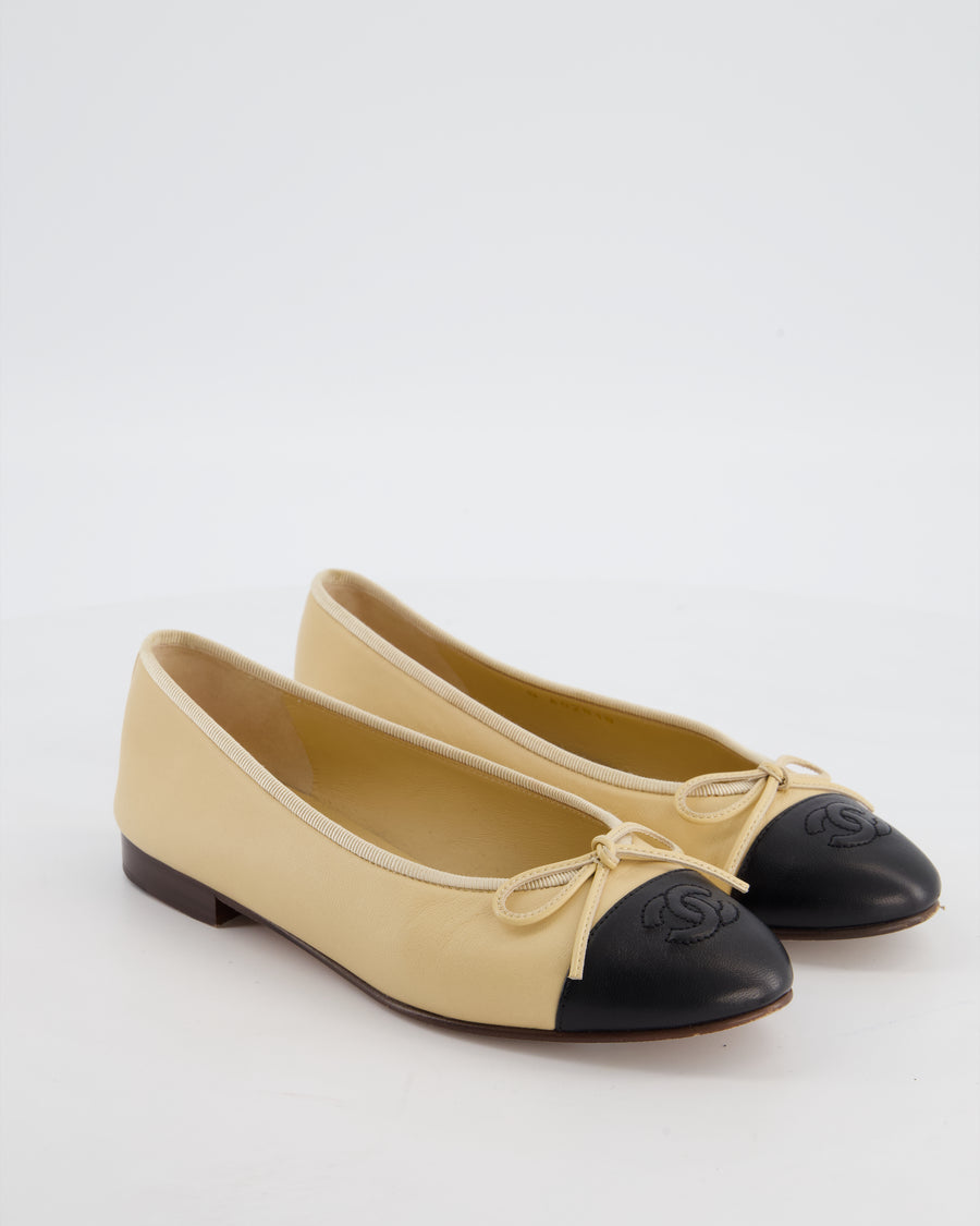 Chanel Beige Ballerina Flats with Black CC Logo Toe Cap Size EU 35.5C