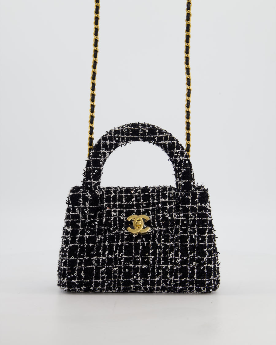 *HOT & RARE* Chanel Black & White Tweed and Sequin Small Kelly Bag with Brushed Antique Gold Hardware