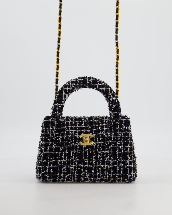 *HOT & RARE* Chanel Black & White Tweed and Sequin Small Kelly Bag with Brushed Antique Gold Hardware