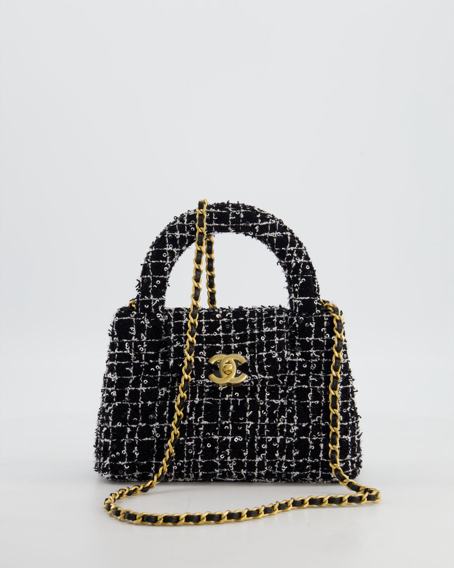 *HOT & RARE* Chanel Black & White Tweed and Sequin Small Kelly Bag with Brushed Antique Gold Hardware