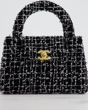 *HOT & RARE* Chanel Black & White Tweed and Sequin Small Kelly Bag with Brushed Antique Gold Hardware