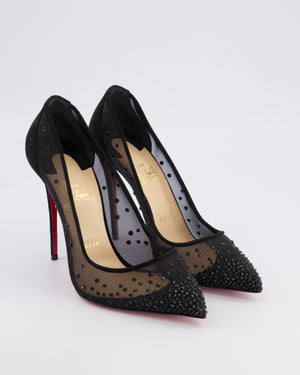 Christian Louboutin Black Mesh and Suede Crystal Embellished Follies Strass Heeled Pumps Size EU 39 RRP £1,095
