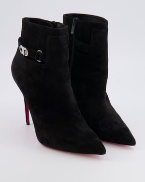 Christian Louboutin Black Suede Heeled Pointed Ankle Boots with Silver Buckle Detail Size EU 39.5