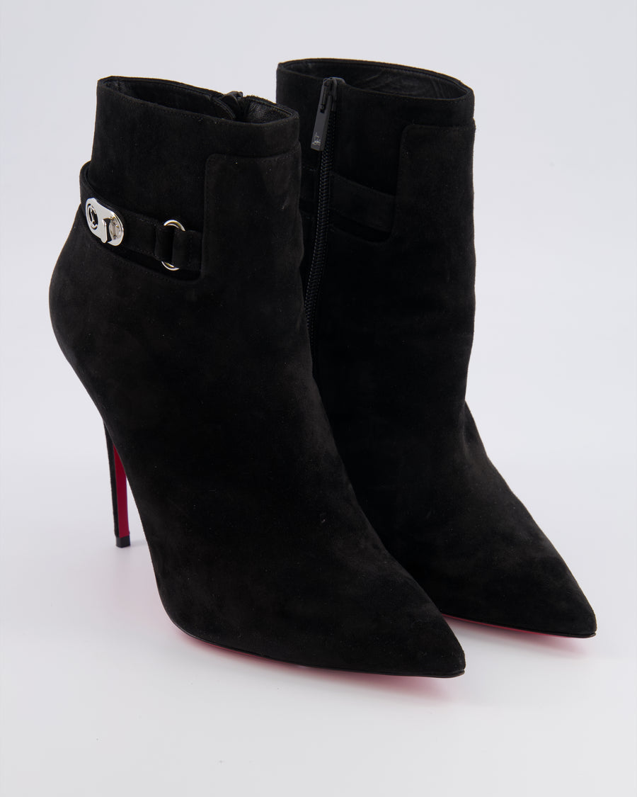 Christian Louboutin Black Suede Heeled Pointed Ankle Boots with Silver Buckle Detail Size EU 39.5