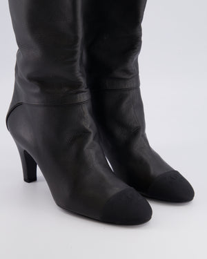 Chanel Black Leather Heeled Boots with Toe Cap Detail and CC Logo Size EU 39
