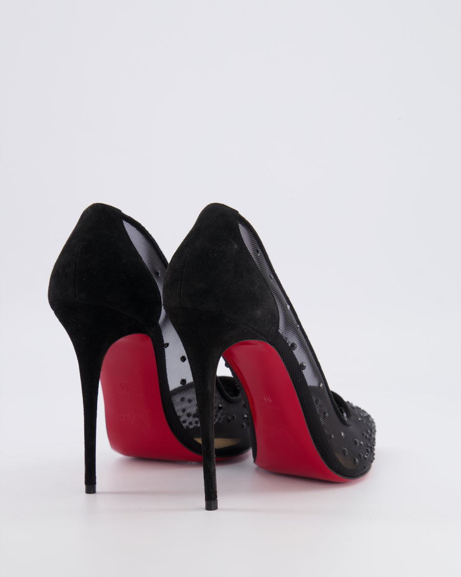 Christian Louboutin Black Mesh and Suede Crystal Embellished Follies Strass Heeled Pumps Size EU 39 RRP £1,095