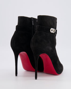 Christian Louboutin Black Suede Heeled Pointed Ankle Boots with Silver Buckle Detail Size EU 39.5