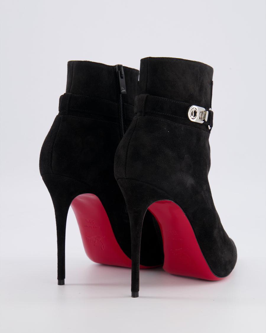 Christian Louboutin Black Suede Heeled Pointed Ankle Boots with Silver Buckle Detail Size EU 39.5
