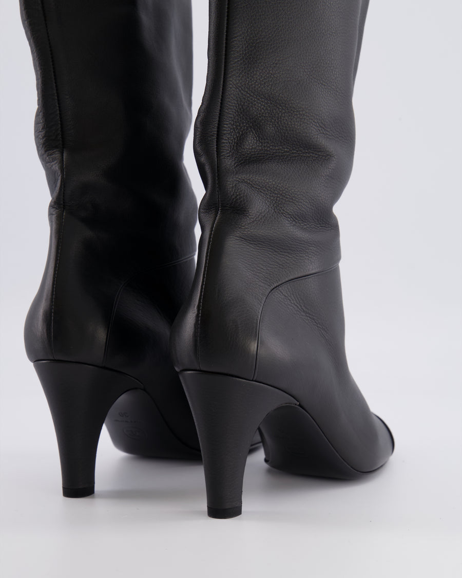 Chanel Black Leather Heeled Boots with Toe Cap Detail and CC Logo Size EU 39