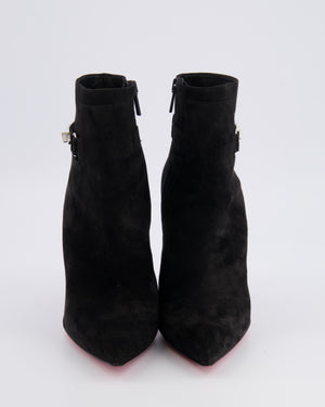 Christian Louboutin Black Suede Heeled Pointed Ankle Boots with Silver Buckle Detail Size EU 39.5