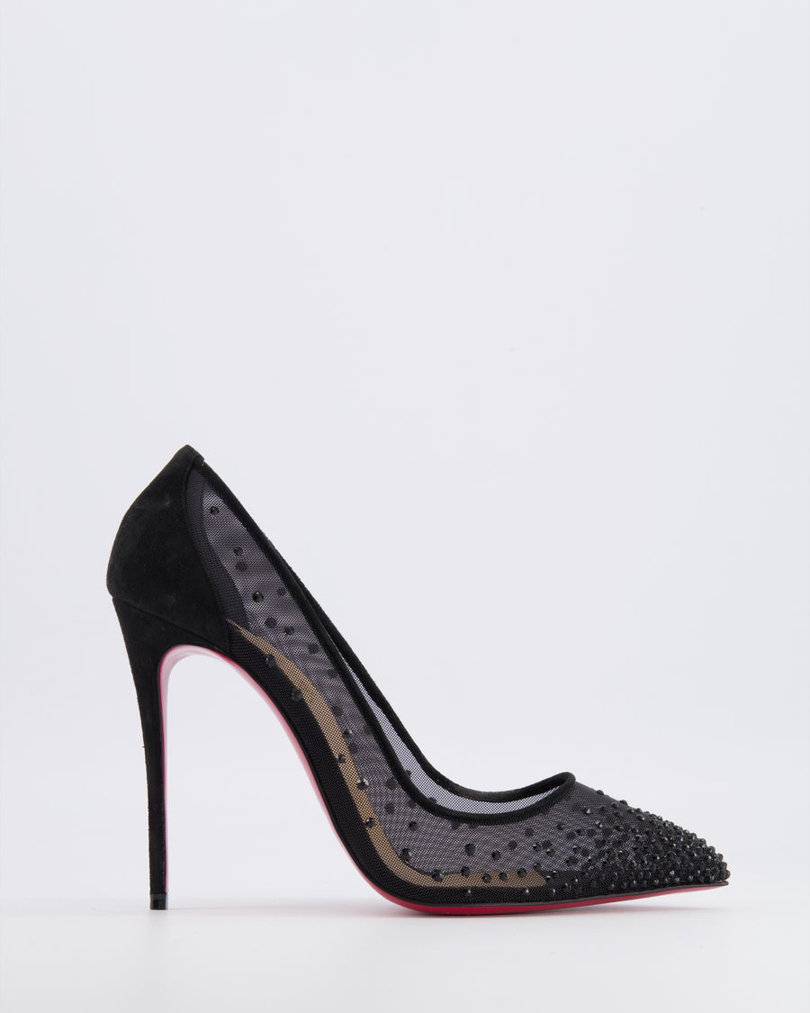 Christian Louboutin Black Mesh and Suede Crystal Embellished Follies Strass Heeled Pumps Size EU 39 RRP £1,095