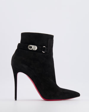 Christian Louboutin Black Suede Heeled Pointed Ankle Boots with Silver Buckle Detail Size EU 39.5