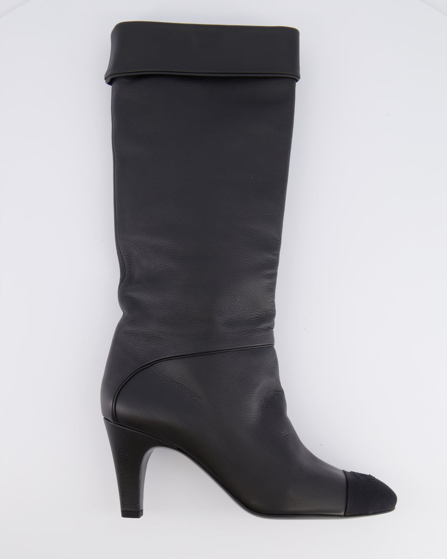 Chanel Black Leather Heeled Boots with Toe Cap Detail and CC Logo Size EU 39