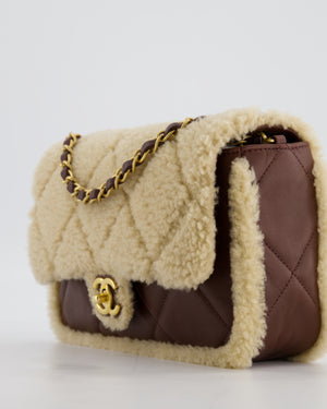 *SUPER RARE* Chanel 24K Medium Flap Bag in Dark Brown Lambskin Leather with Beige Shearling and Brushed Gold Hardware