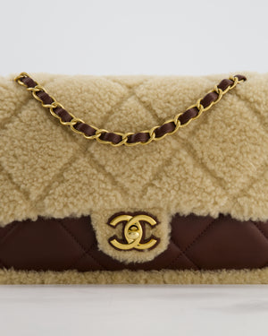 *SUPER RARE* Chanel 24K Medium Flap Bag in Dark Brown Lambskin Leather with Beige Shearling and Brushed Gold Hardware