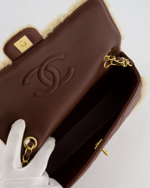 *SUPER RARE* Chanel 24K Medium Flap Bag in Dark Brown Lambskin Leather with Beige Shearling and Brushed Gold Hardware