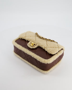 *SUPER RARE* Chanel 24K Medium Flap Bag in Dark Brown Lambskin Leather with Beige Shearling and Brushed Gold Hardware