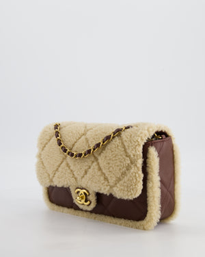 *SUPER RARE* Chanel 24K Medium Flap Bag in Dark Brown Lambskin Leather with Beige Shearling and Brushed Gold Hardware